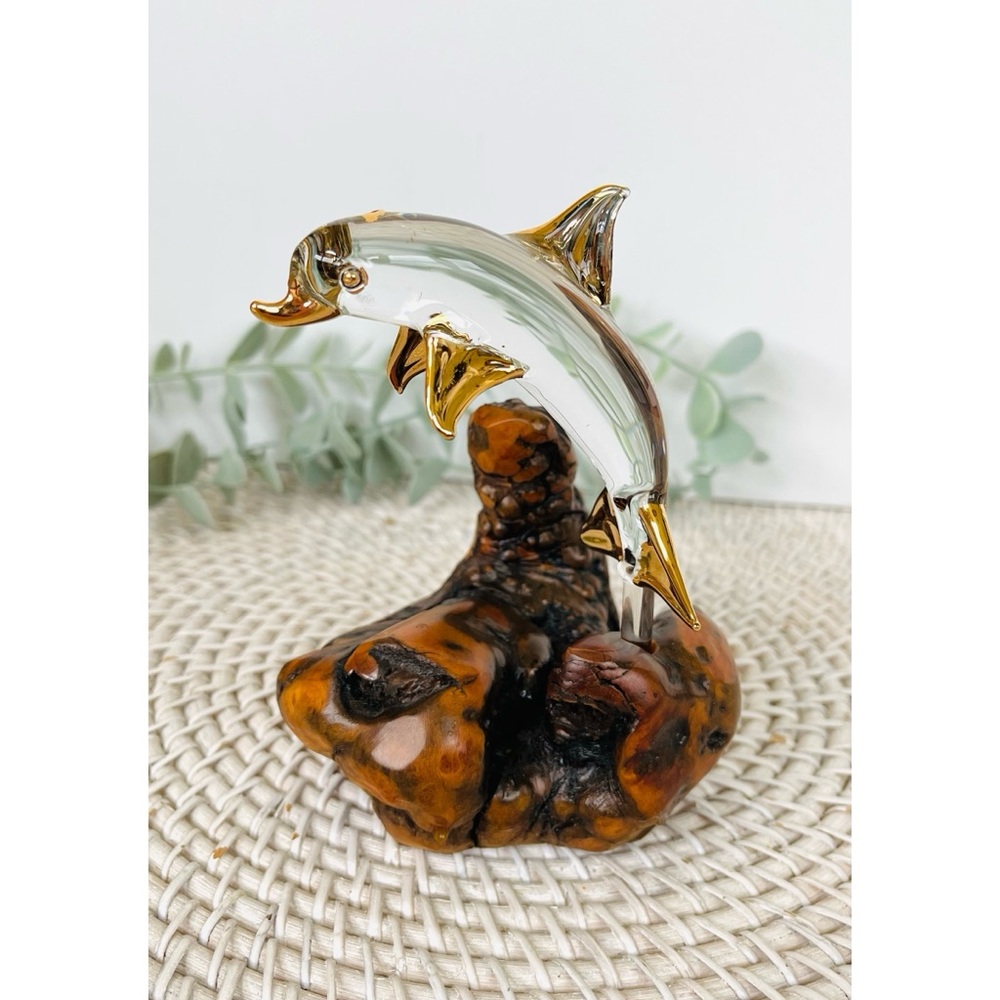 Vintage Glass Baron Handblown Dolphin 22Kt. Gold Manzanita Wood Base Figurine